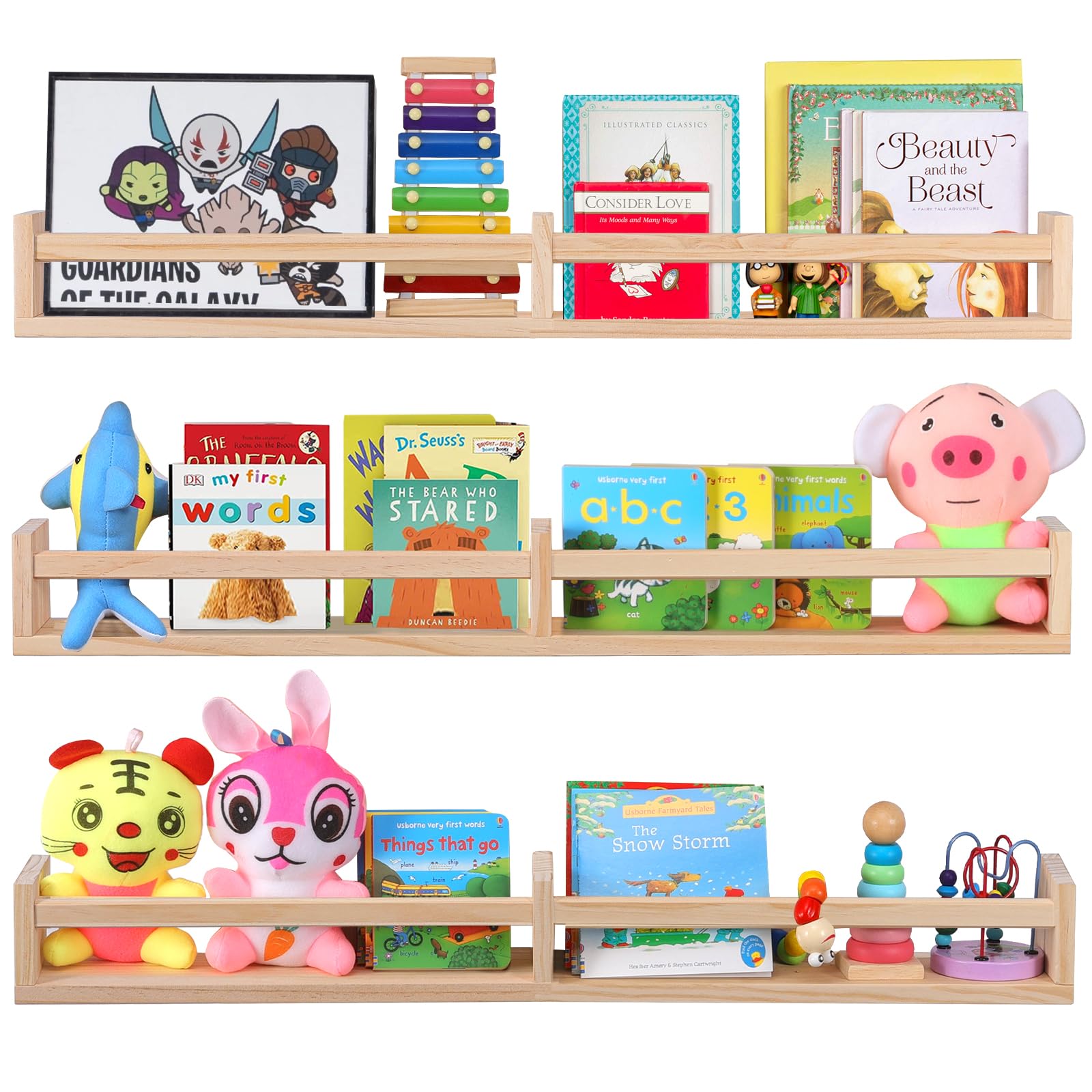 Wall Mounted Nursery Bookshelf Set of 3 Natural Wood