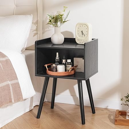 Mid Century Modern Nightstand Small Side Table with Storage Shelf