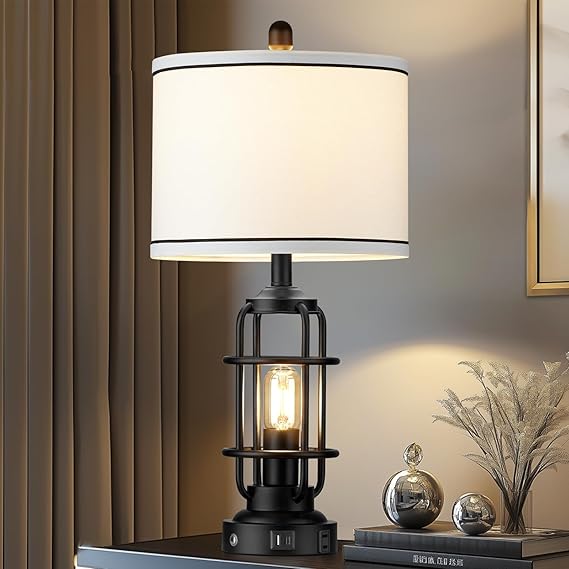 26" Modern Table Lamp with USB A+C Charging Ports & AC Outlet
