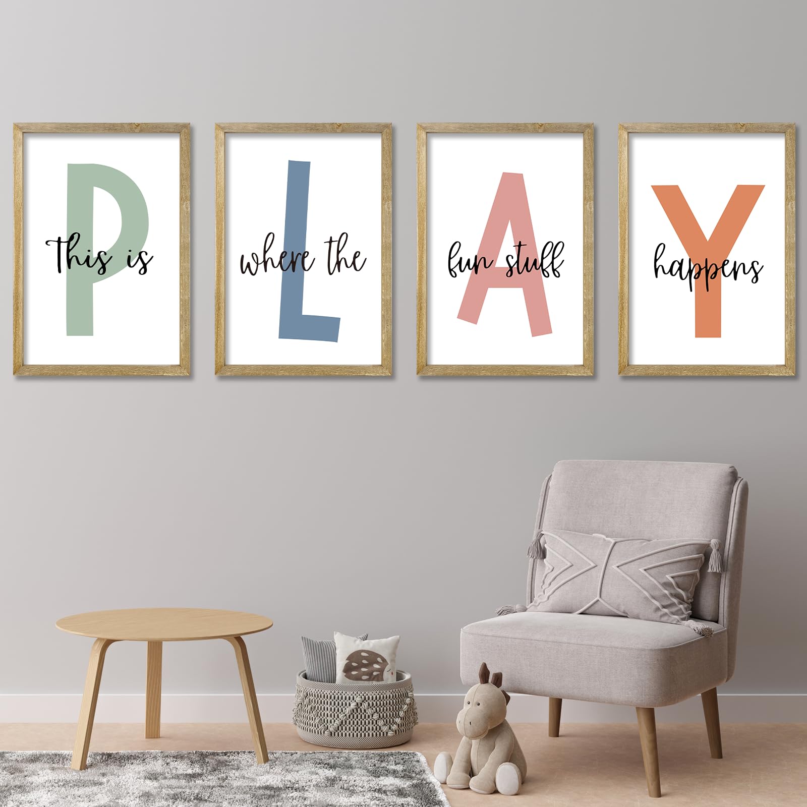 Kids Playroom Wall Art Decor Rustic Wood Framed Sign Set of 4