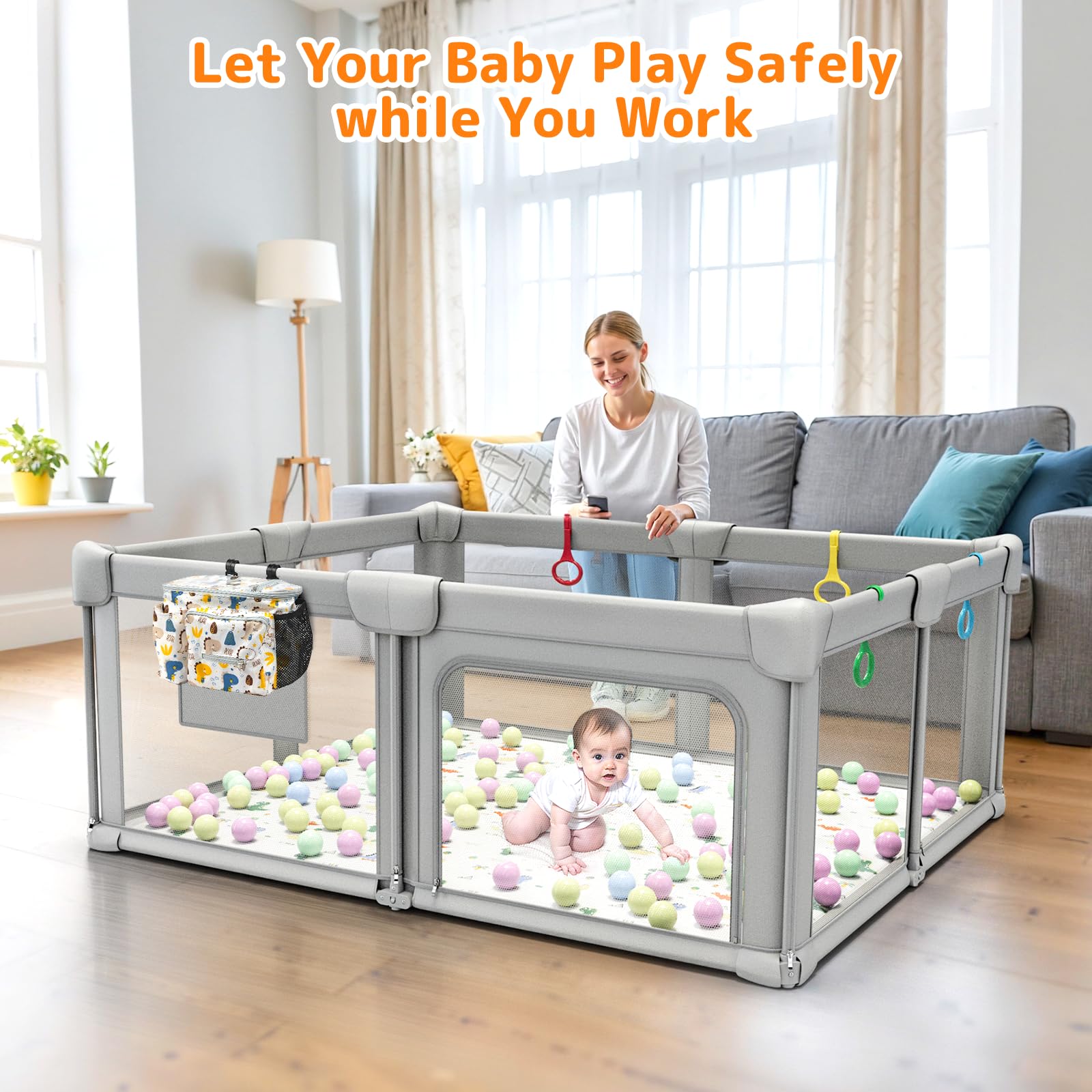 Foldable Baby Playpen with Mat 71x59