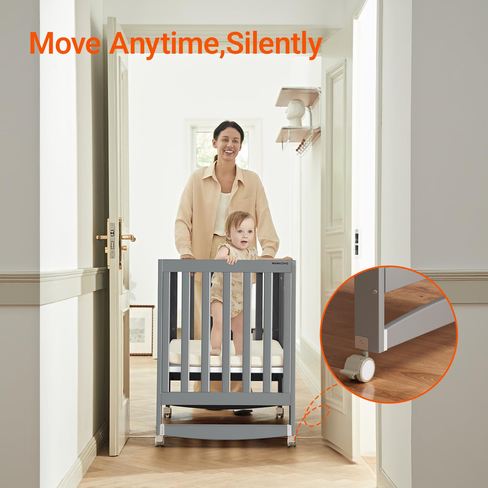 6-in-1 Convertible Mini Crib with Wheels