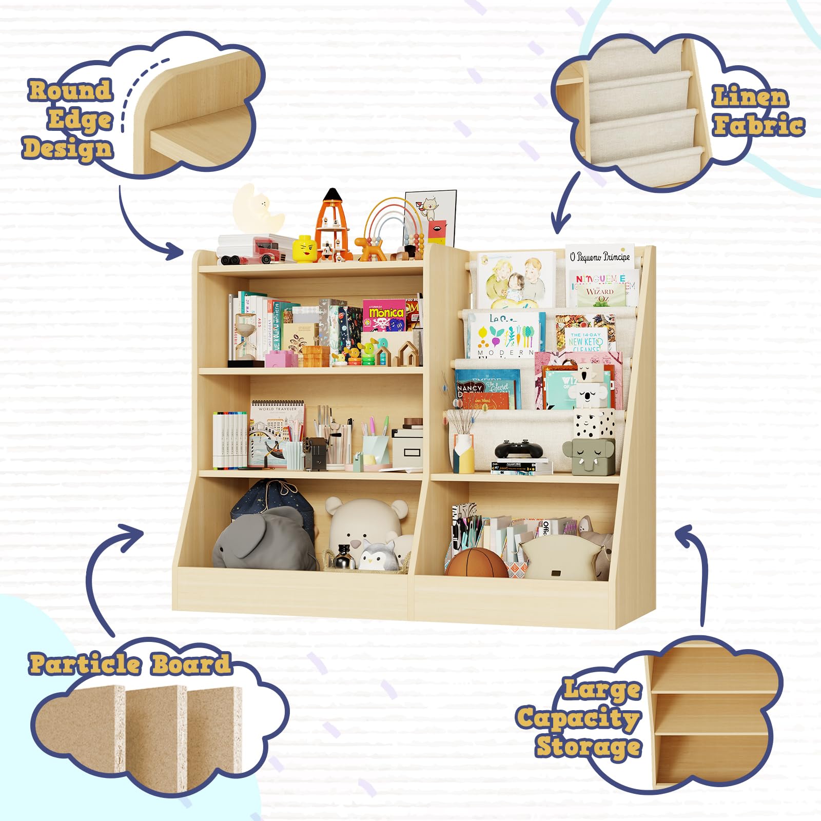 Kids Wooden Bookshelf and Toy Storage Organizer with Sling Book Rack