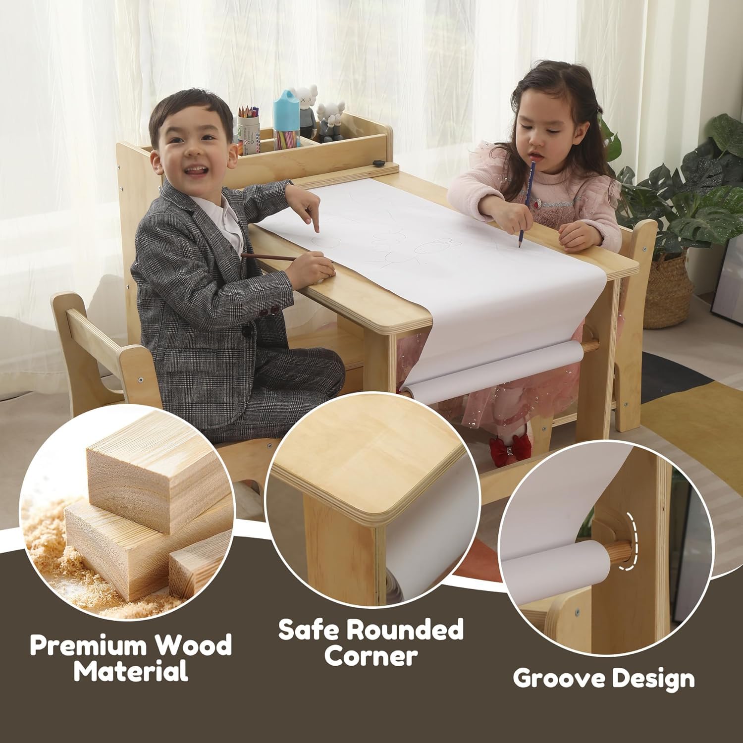 Kids Art Table and Chair Set with Storage Shelves