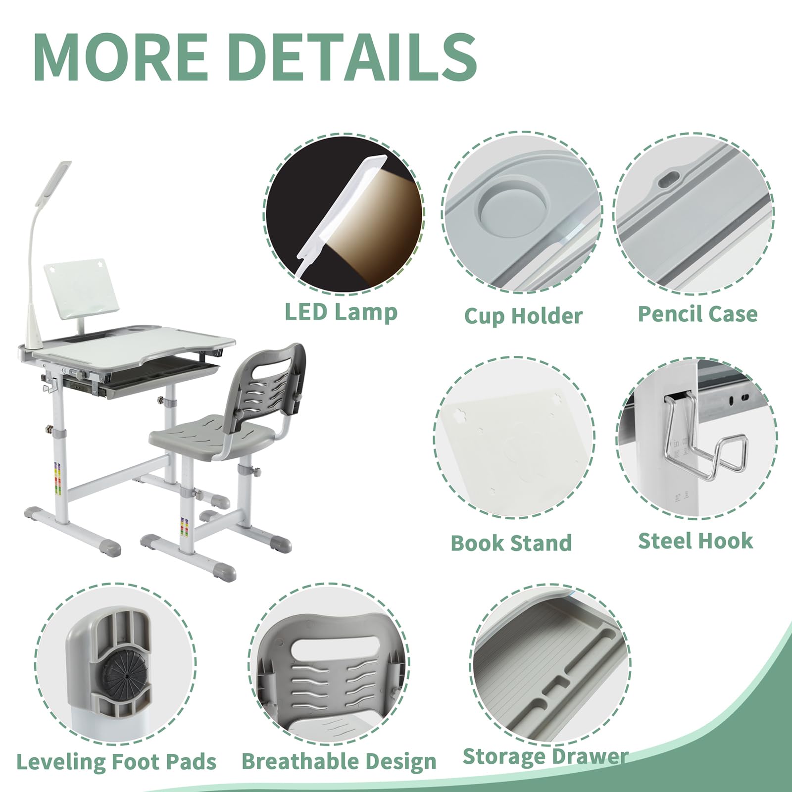 Kids Study Desk and Chair Set with LED Lamp