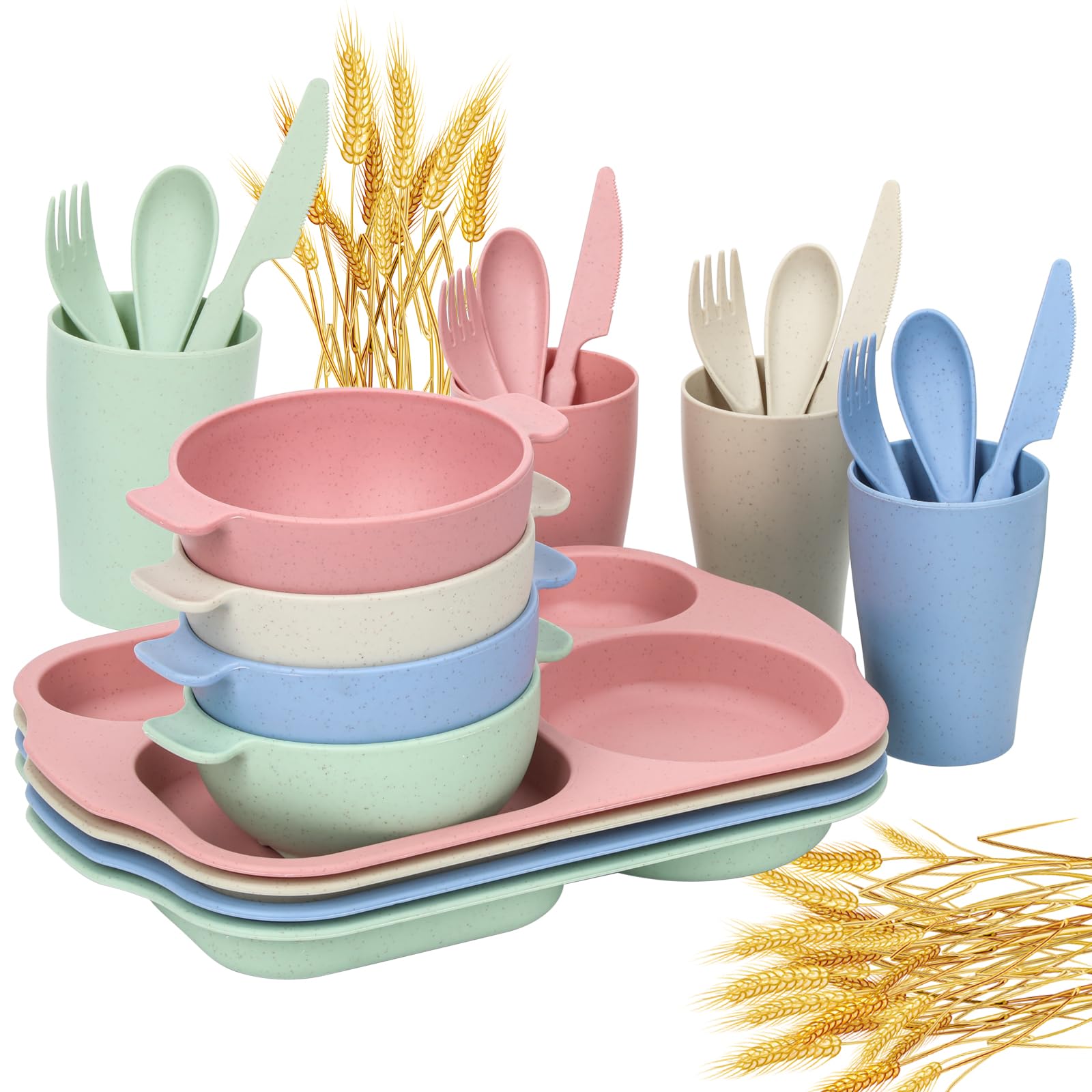 24 PCS Wheat Straw Dinnerware Set for Kids Toddler Plate Bowl Cup Sets