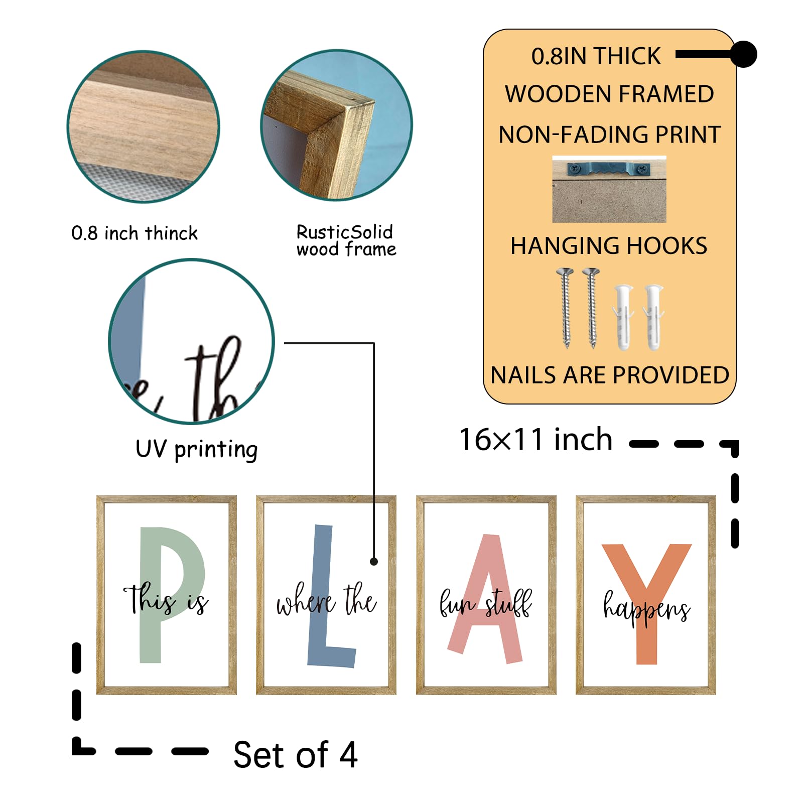Kids Playroom Wall Art Decor Rustic Wood Framed Sign Set of 4