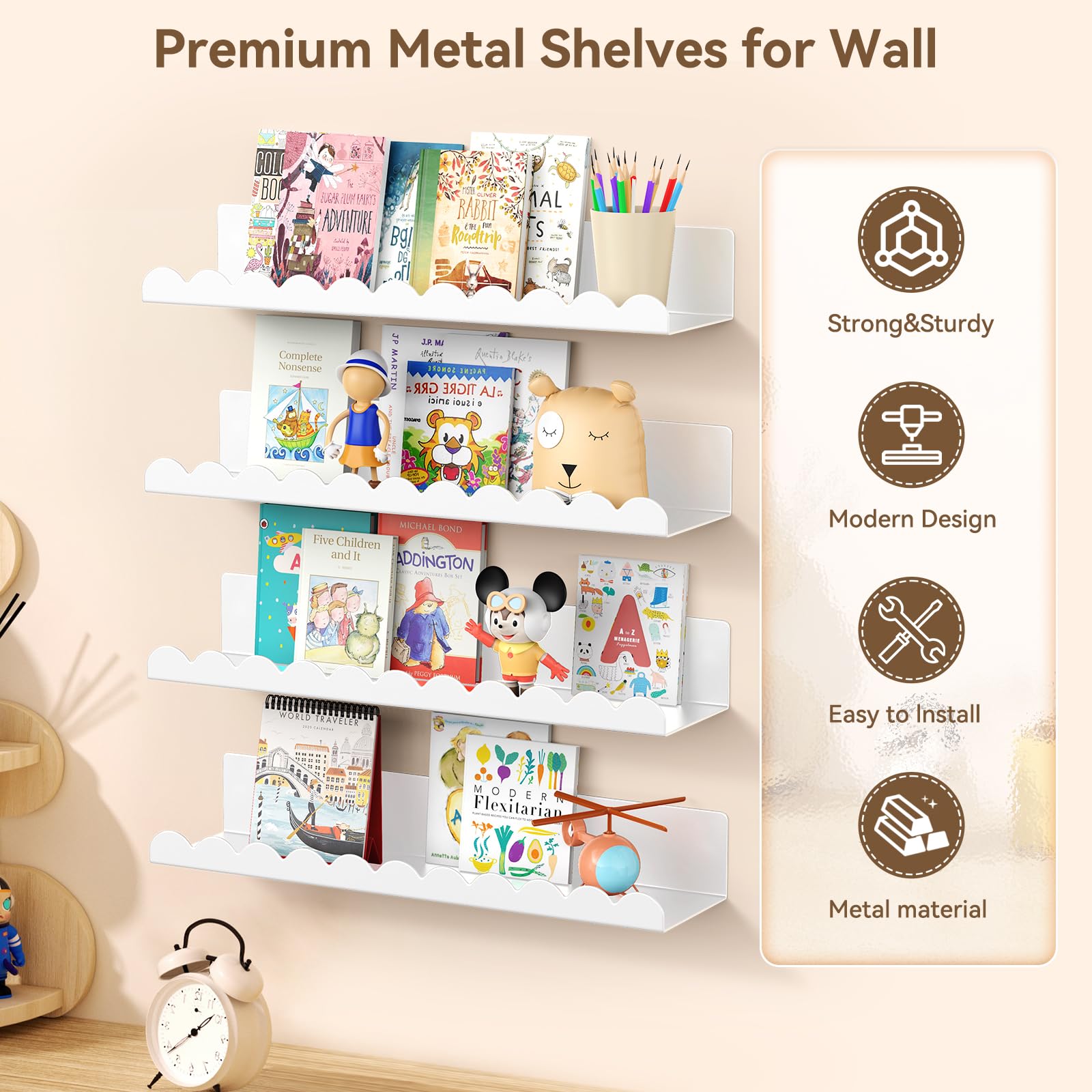 17 Inch Metal Floating Wall Shelves 4 Pack Scalloped Nursery Book Shelf