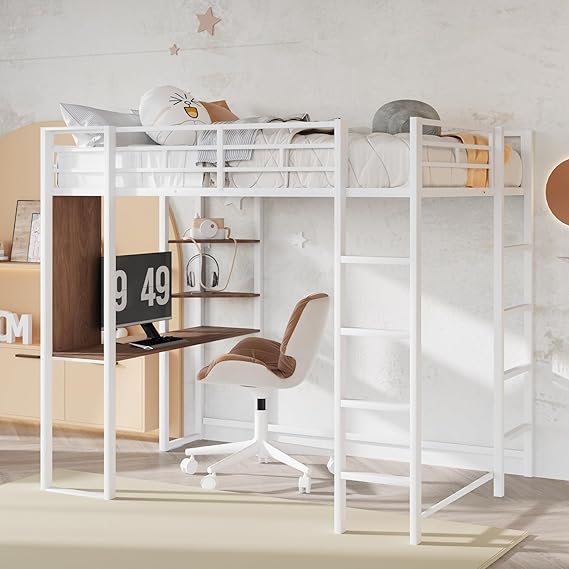 Metal Full Loft Bed with 2 Shelves and one Desk,Full Loft Bed,Easy Assembly