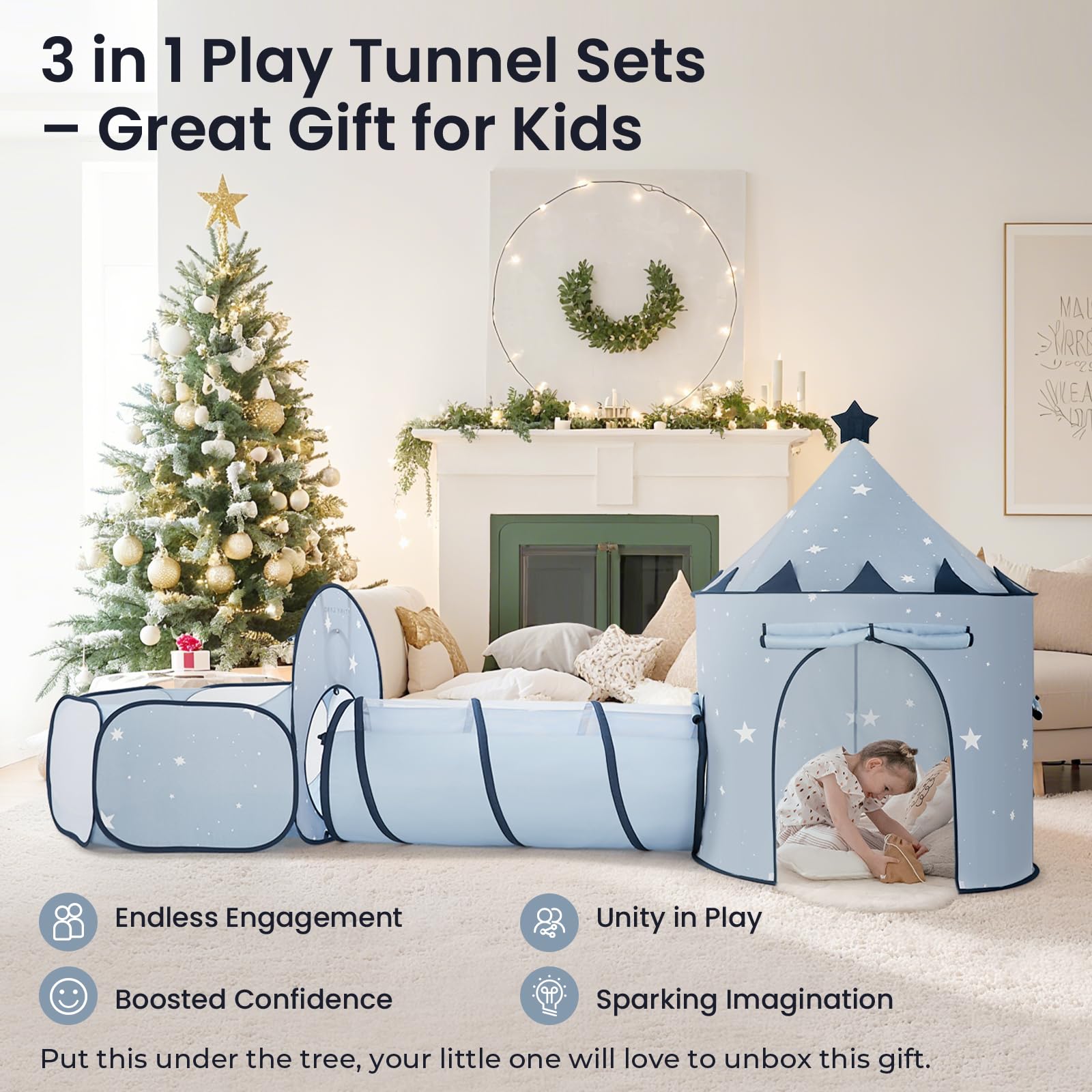 Tiny Land 3-in-1 Baby Tunnel for Toddlers with Ball Pit & Play Tent, Pop Up Crawl Tunnel for Kids, Indoor/Outdoor Play Tunnel, Foldable Baby Crawling Tunnel Toy (Blue)