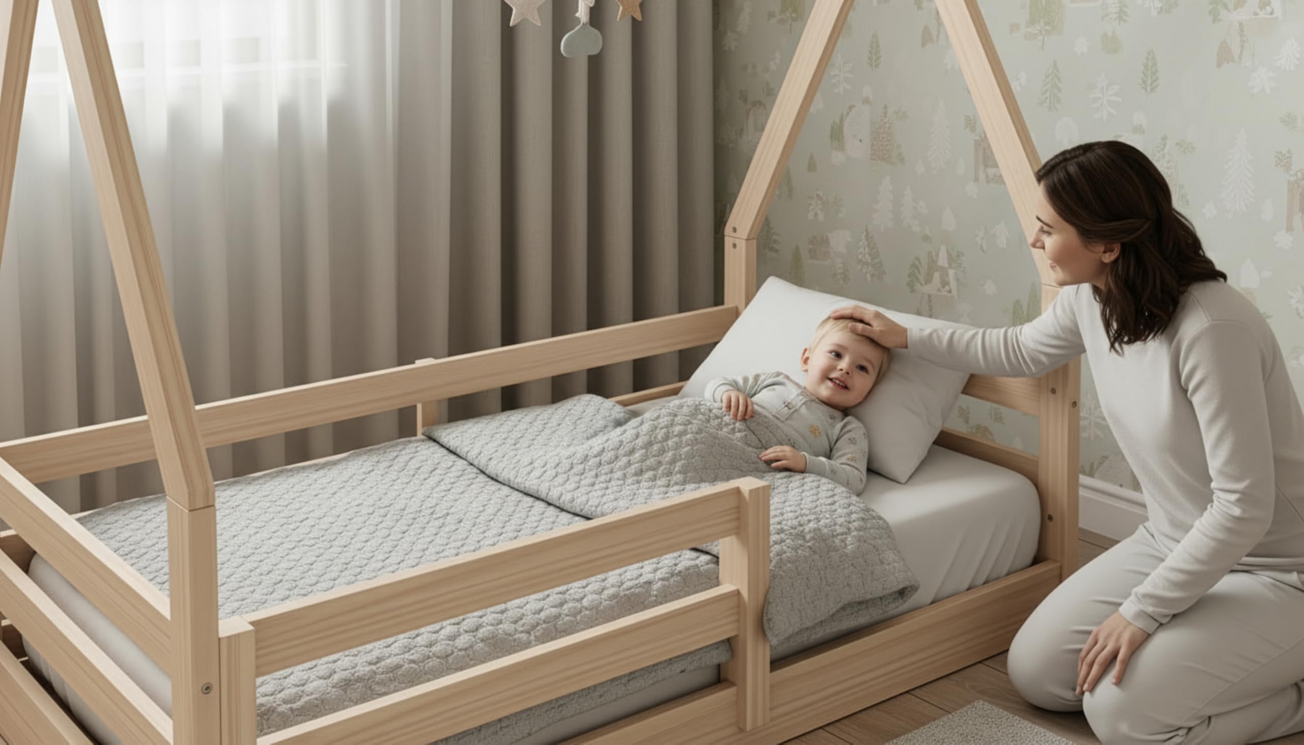 Montessori Toddler Floor Bed with Rails - Solid Pine Wood