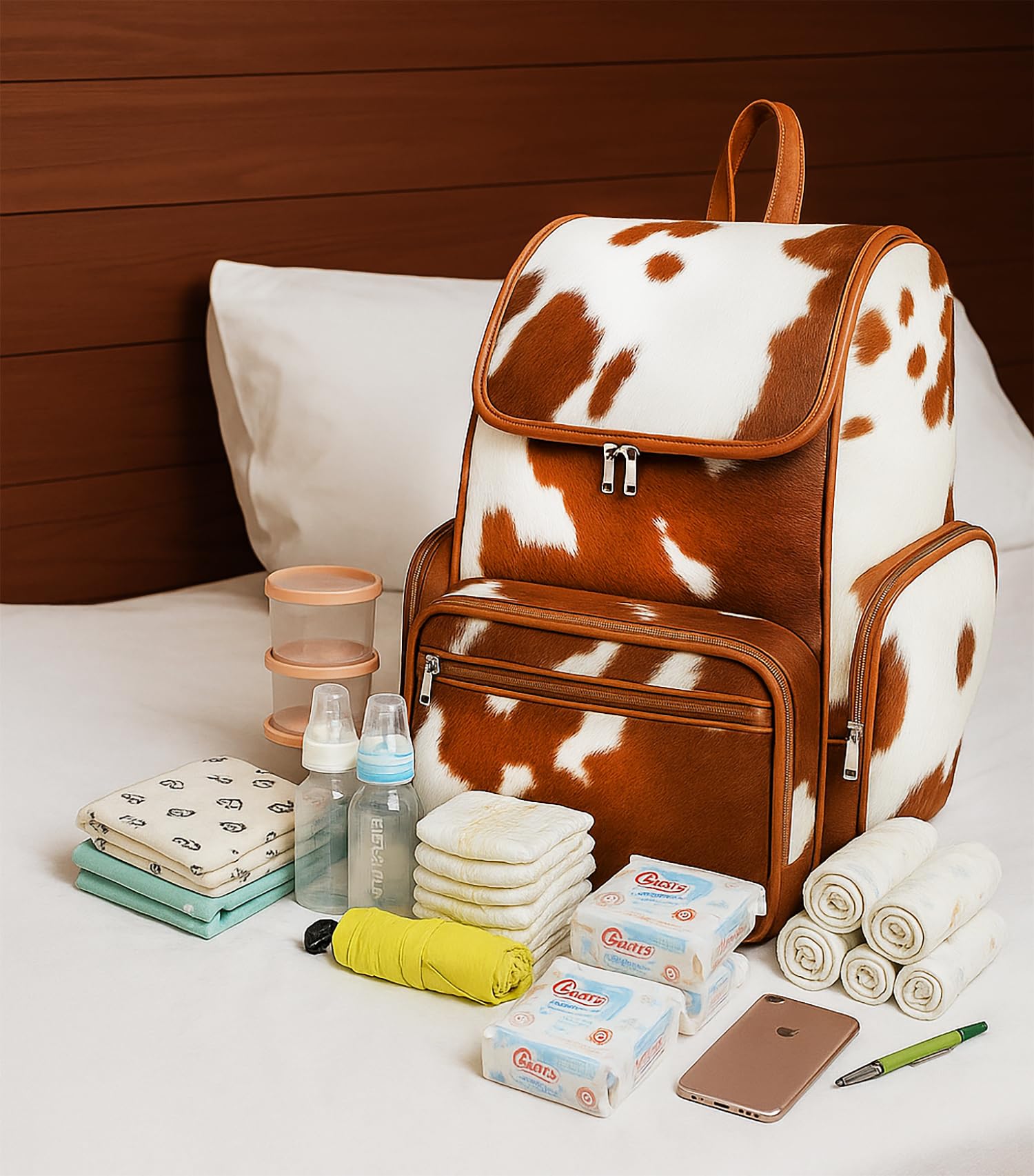 Western Cowhide Leather Diaper Backpack | Cow Print Cute Shower