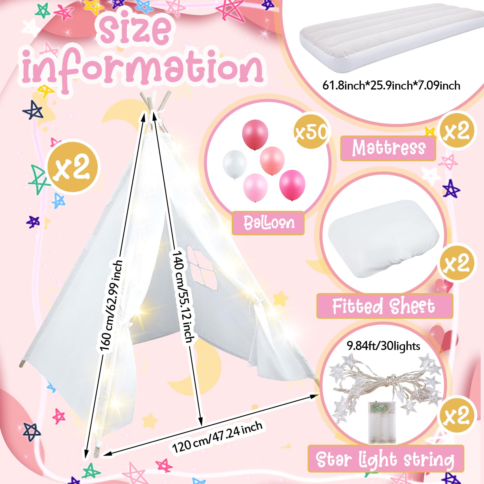 Kids Teepee Tent Set with Mattress and Star Lights - 2 Pack