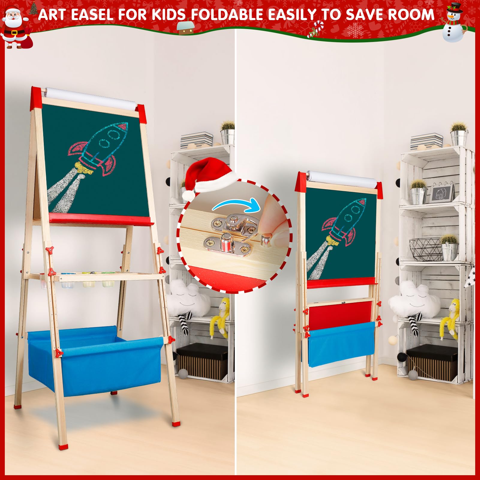 Adjustable Wooden Easel for Kids – Foldable Art Easel with Paper Roll, Magnetic Double-Sided Whiteboard & Chalkboard, 130+ PCS Accessories, Ideal Gift for Toddlers & Children Ages 2-8