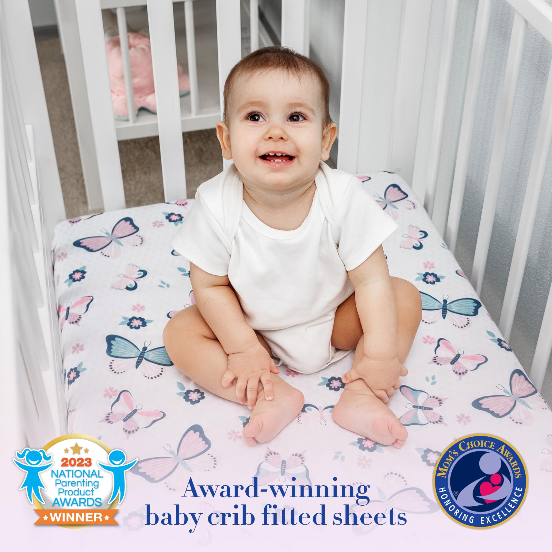 Butterfly Crib Bedding Set for Girls - 5 Pieces Including Baby Girl Blanket, 2 Crib Sheets, Crib Skirt, and Purple Butterfly Wall Sticker - White & Pink - Butterfly Nursery Decor