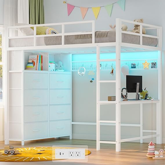 Twin Size Loft Bed with Desk and 8 Storage Drawers