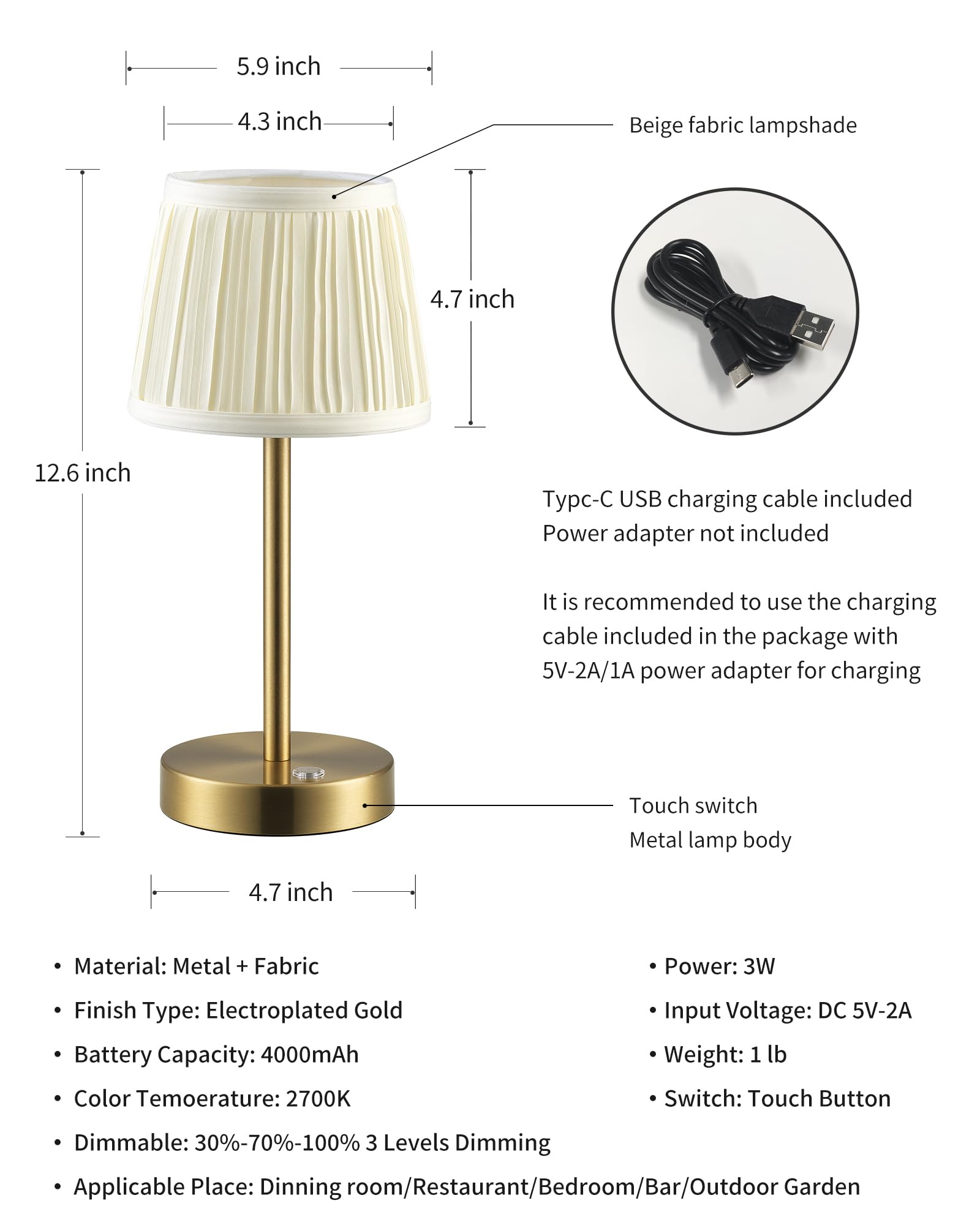 Cordless Rechargeable Table Lamps with Dimmable LED - 2 Pack