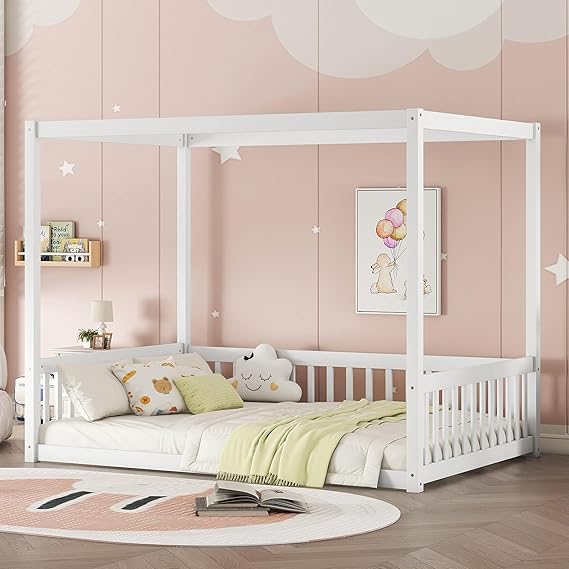 Full Size Canopy Bed Frame with Guardrails for Kids,Floor Bed Full