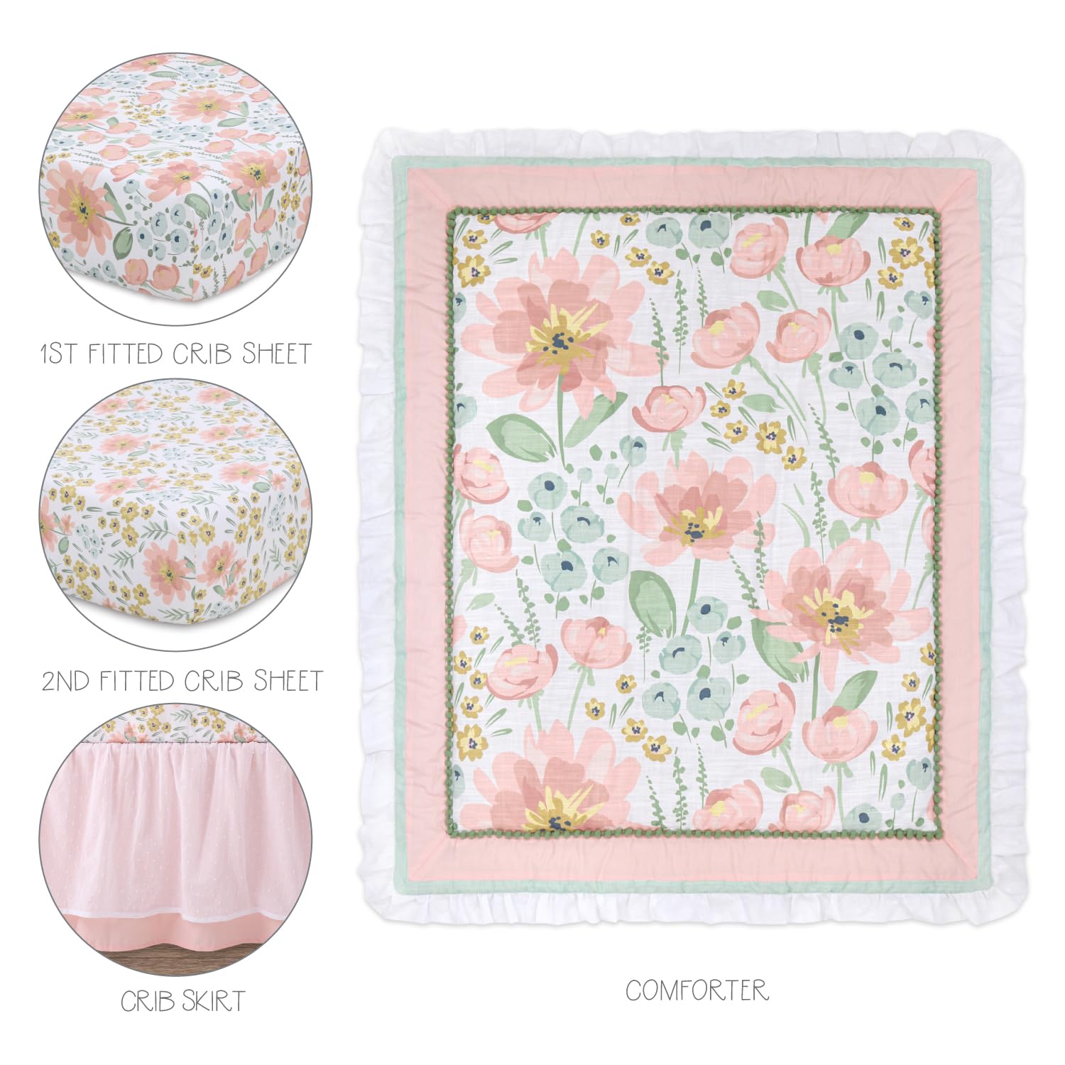Organic Cotton Baby Crib Bedding Set 4-Piece with Sheets, Quilt & Dust Ruffle