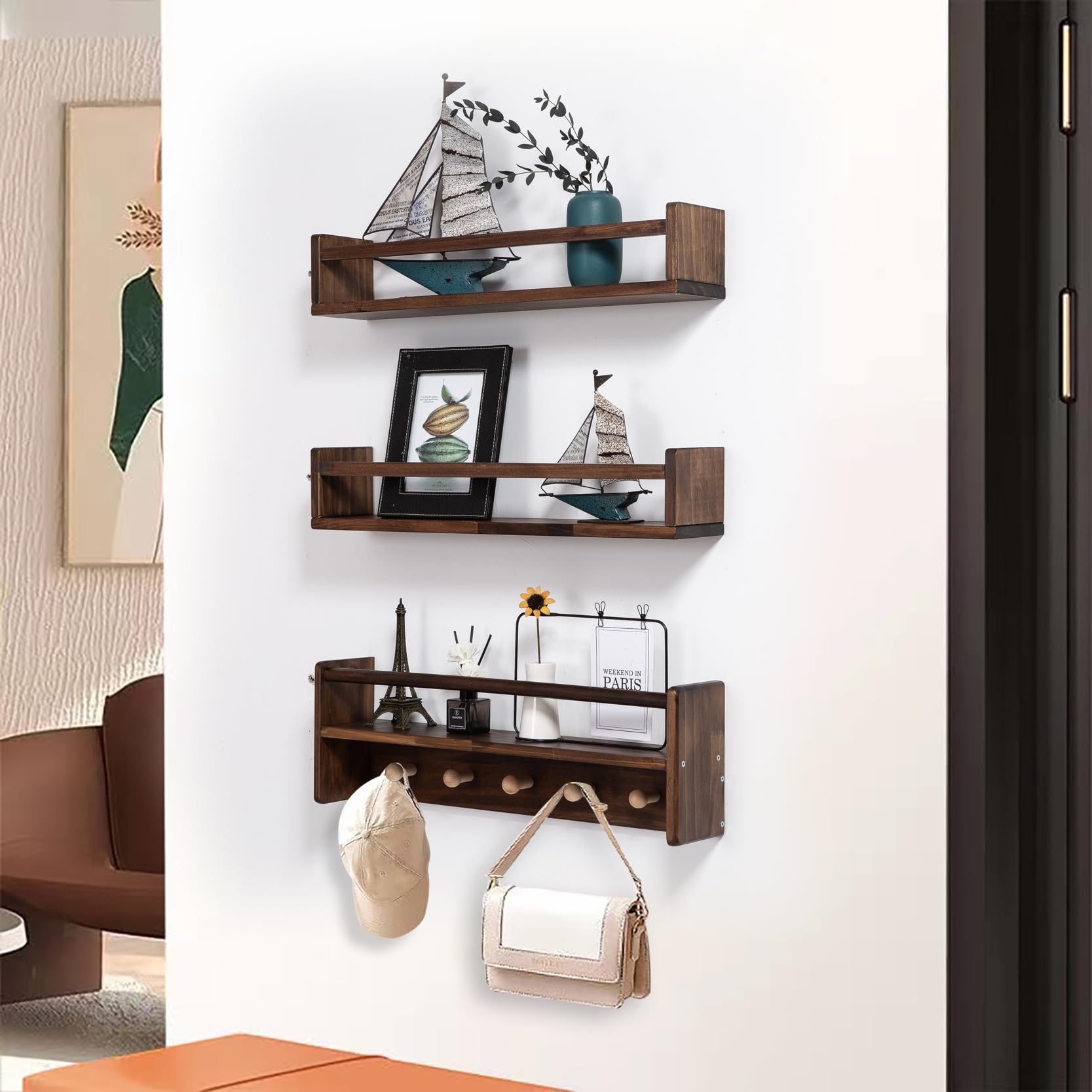 24 Inch Floating Bookshelf Wall Mount Set of 3 with Hooks
