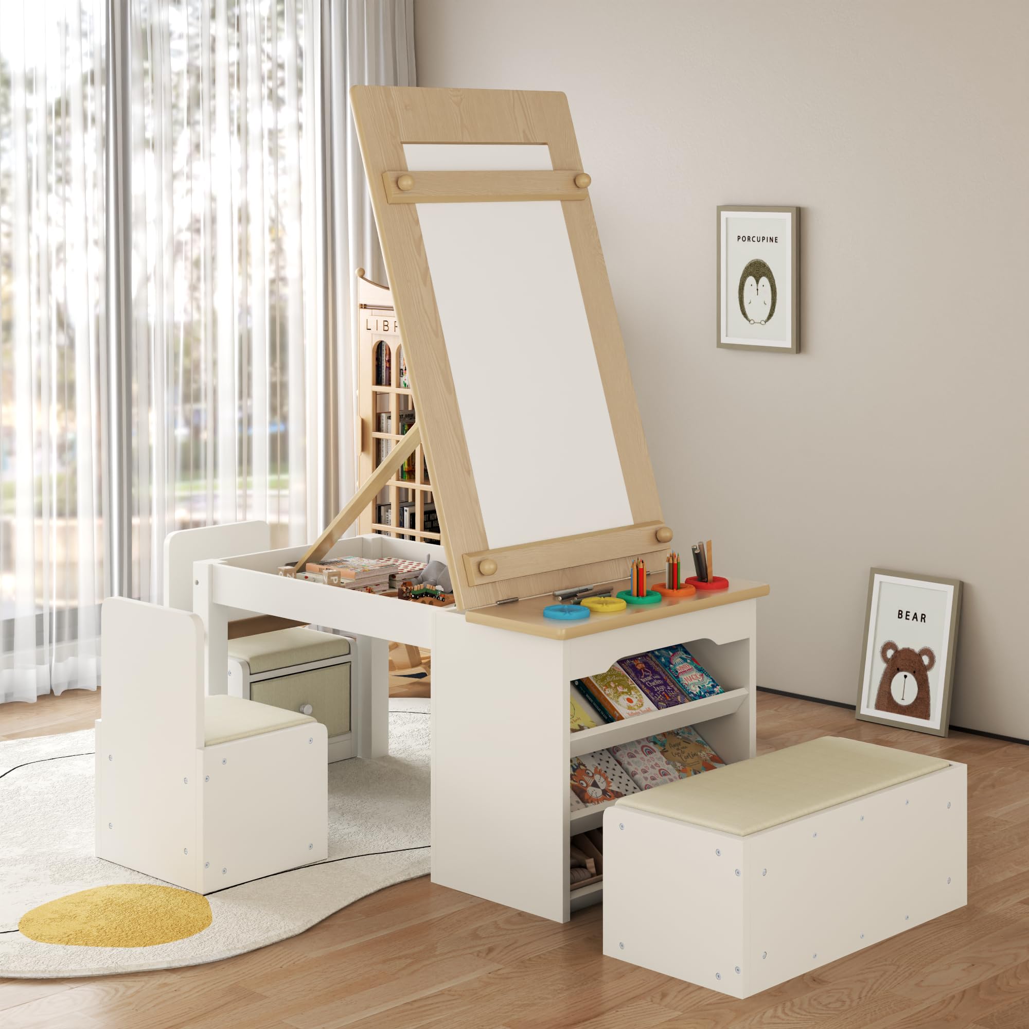 Table and Chair Set, Art Desk & Easel w/ Storage Shelves