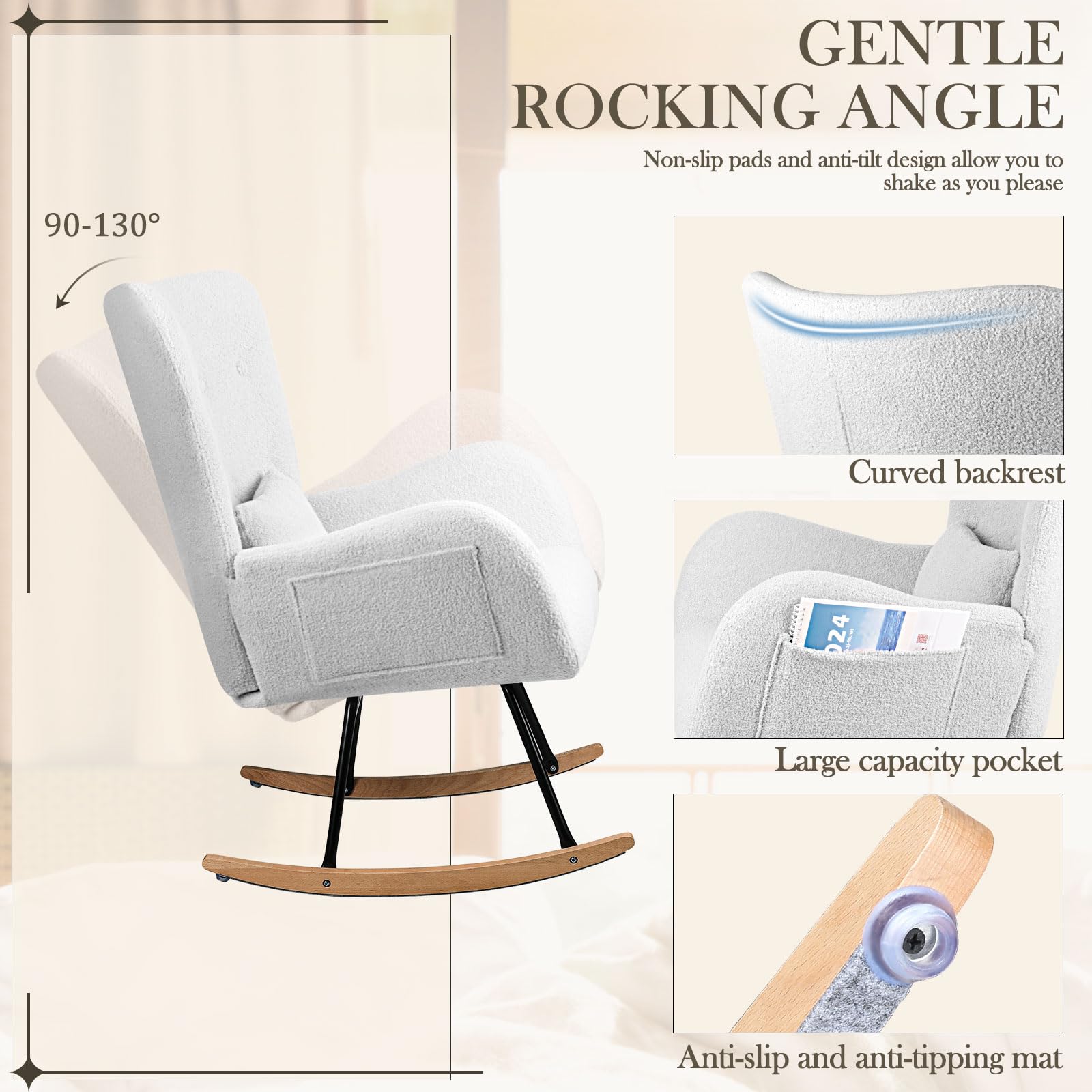Teddy Upholstered Rocking Chair with High Backrest