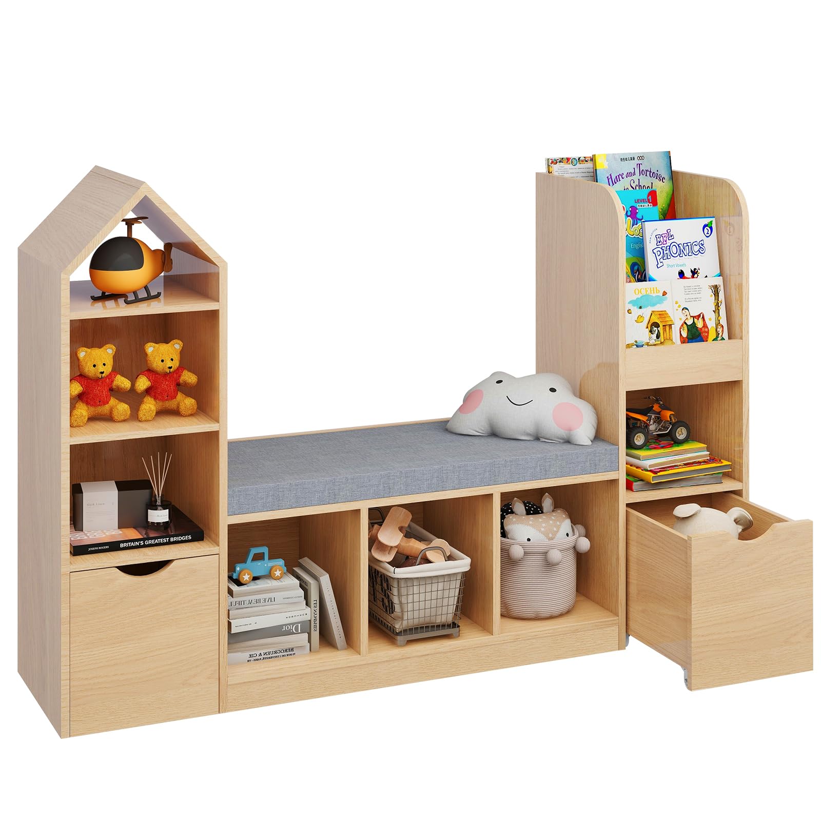 Kids Bookcase and Bookshelf with Reading Nook, Toy Storage Organizer