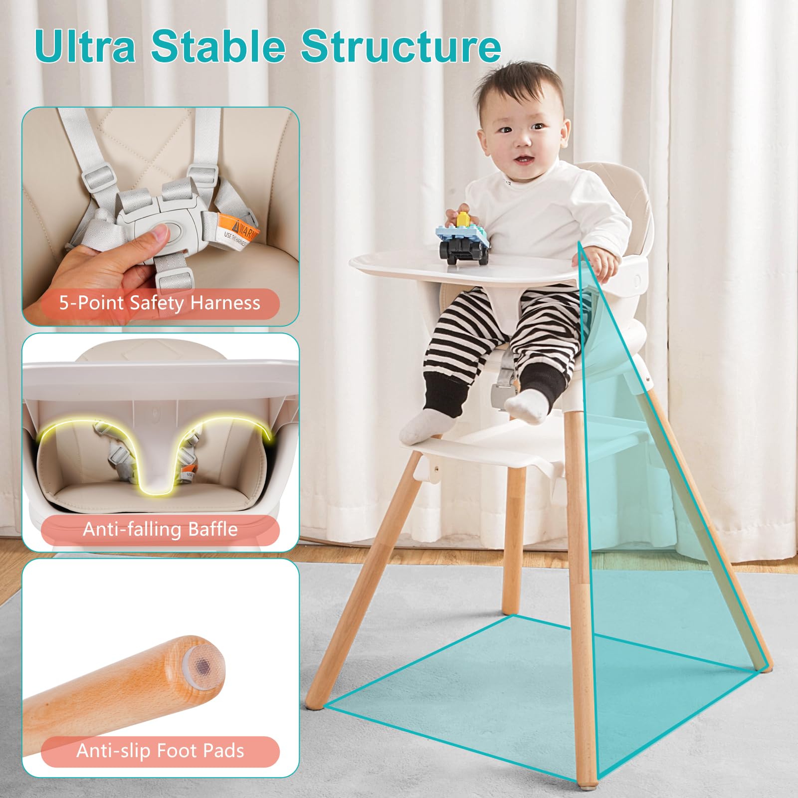 Baby High Chair, 6 in 1 Wooden Convertible High Chairs for Babies and Toddlers