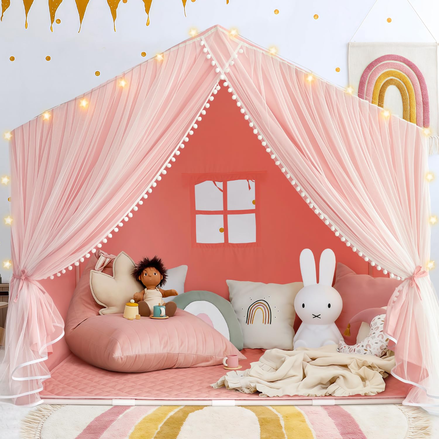 Princess Play Tent with Mat and Dual-Layer Curtain - Pink