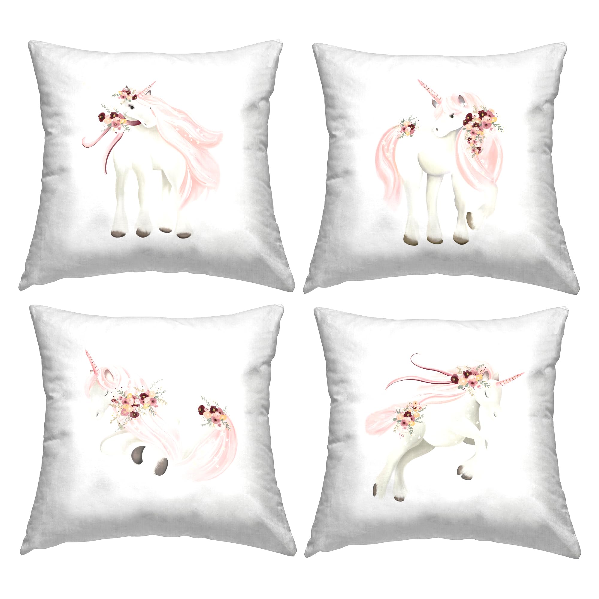 Pink Floral Unicorns Design by Studio Q (Set of 4) Throw Pillow, 18 x 18