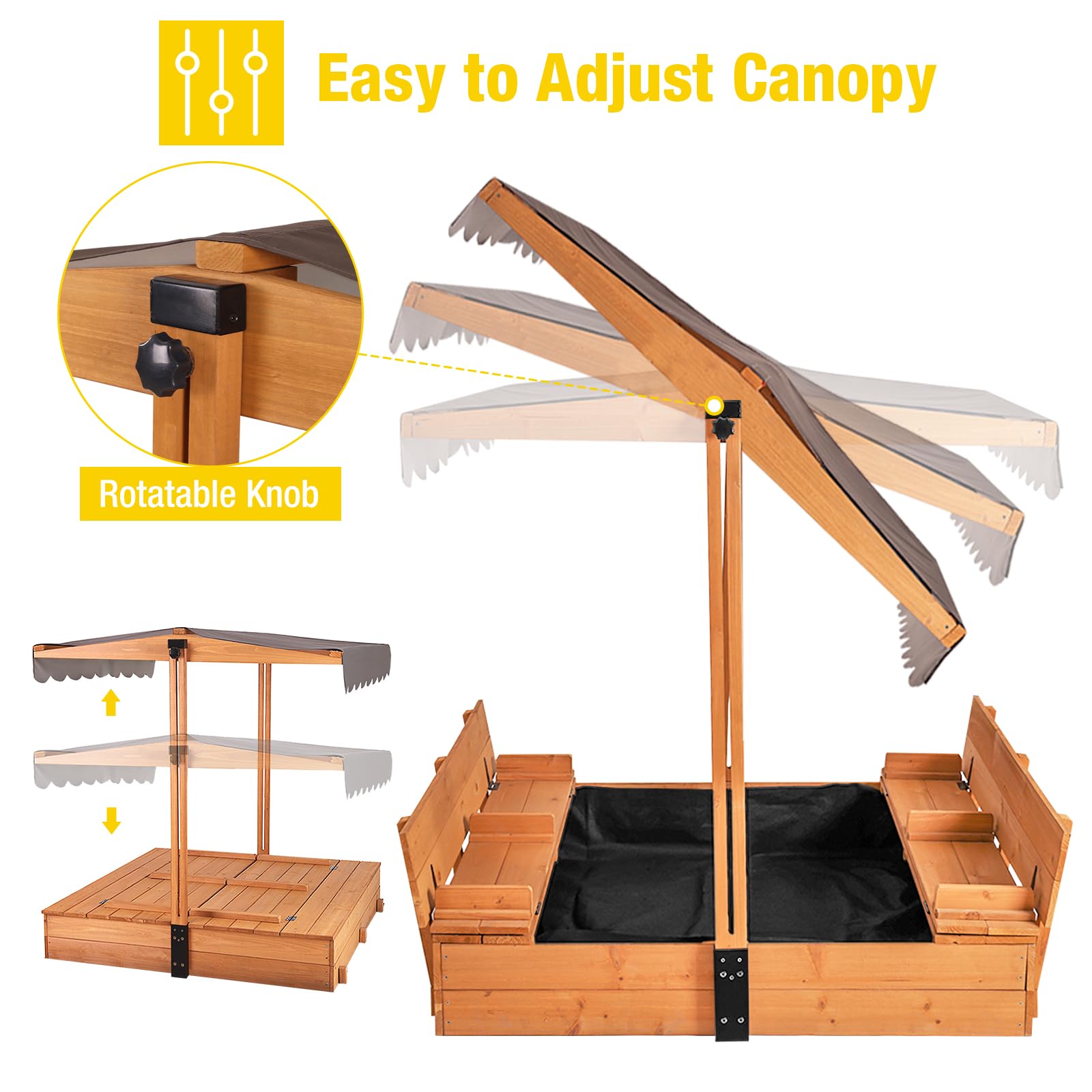 Outdoor Sandbox with Retractable Canopy and Foldable Benches