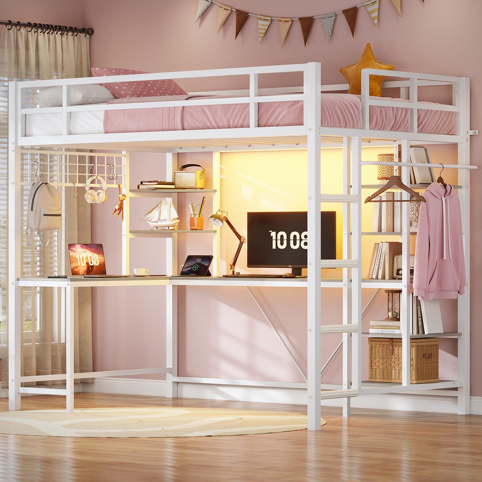 Loft Bed with Desk with Charging Station & LED Lights, Loft Bed Twin Size