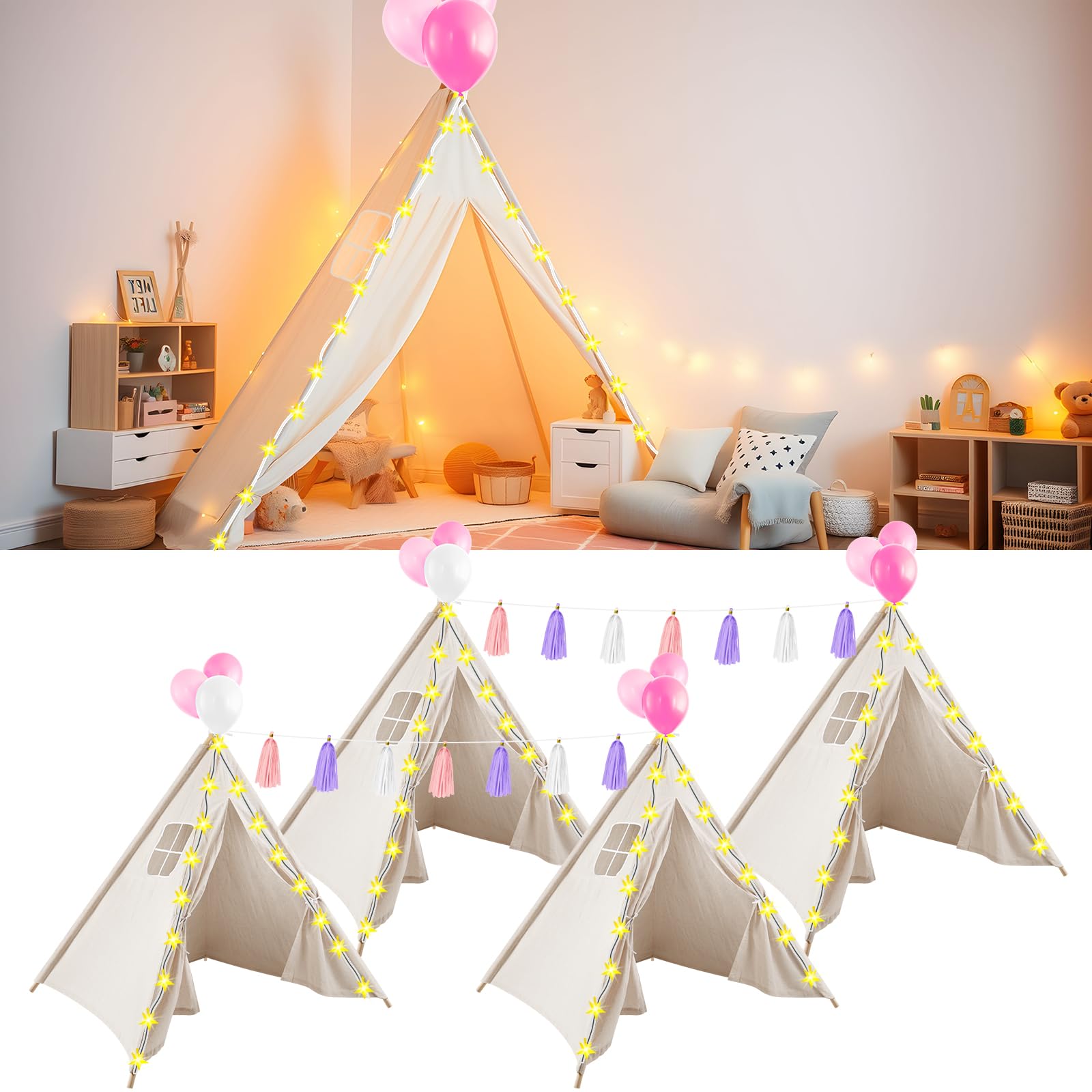 Kids Teepee Tent Set for Slumber Parties - 4 Pack with Lights