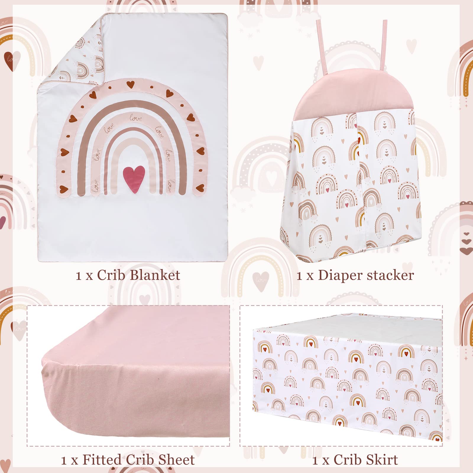 Rtteri 4 Pieces Baby Crib Bedding Set, Nursery Bedding Standard Size Soft Baby Bedding Set Including Crib Skirt, Blanket, Sheet and Diaper Stacker for Girls and Boys(Boho)