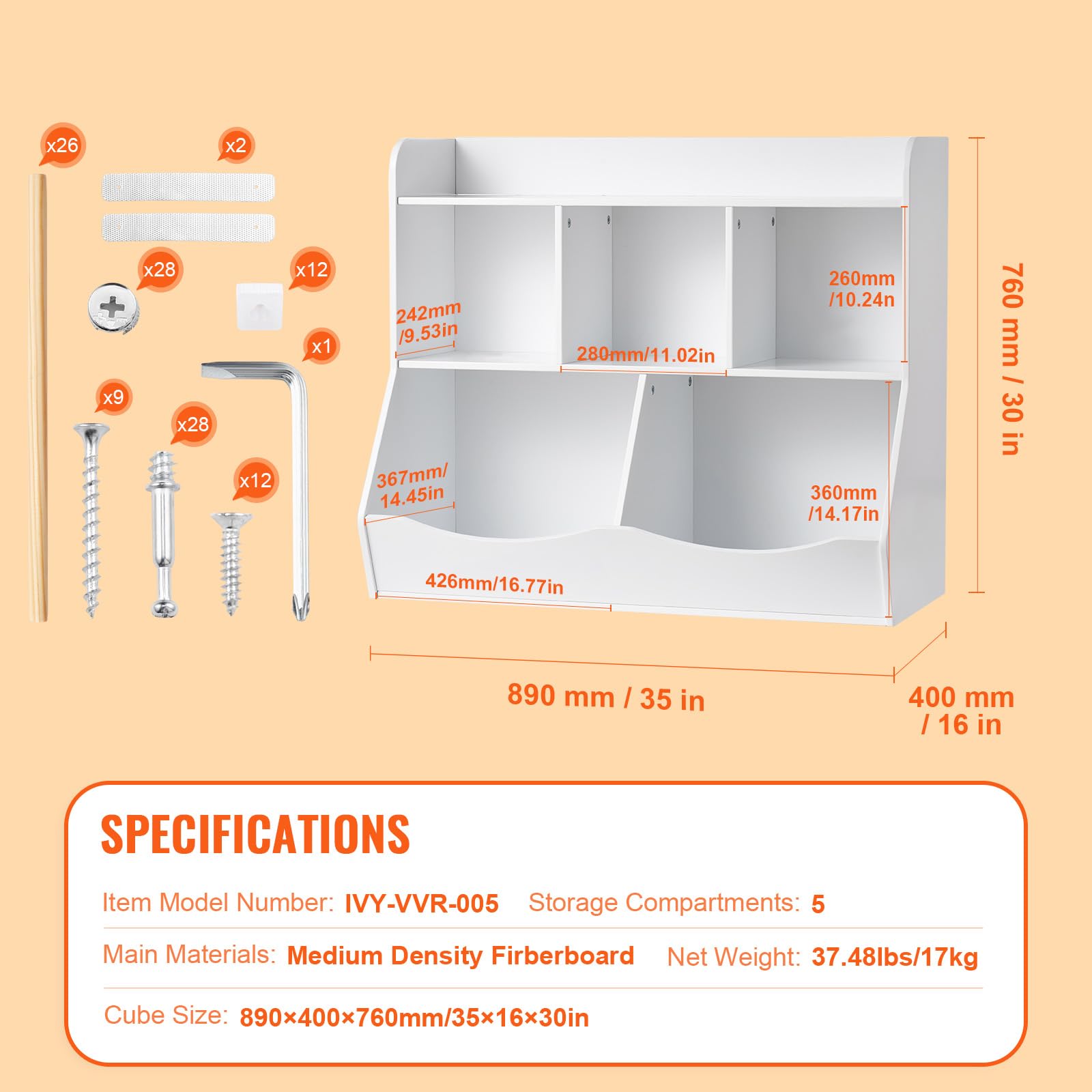 5-Cubby Kids Storage Organizer with Bookshelf