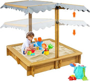 Wooden Sandbox with Adjustable Canopy Cover and Benches