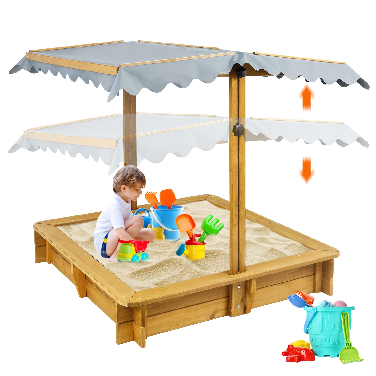 Wooden Sandbox with Adjustable Canopy Cover and Benches