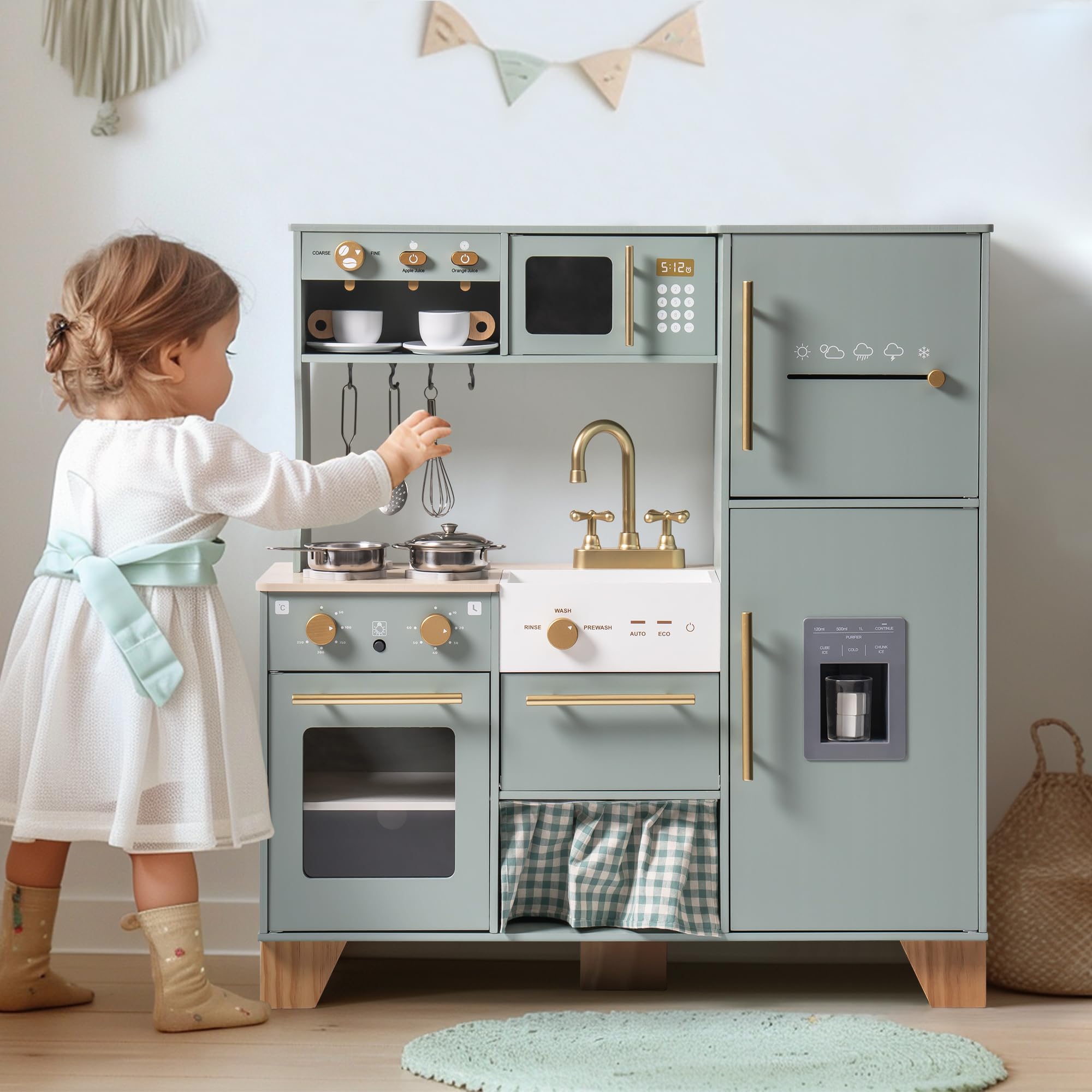 Wooden Play Kitchen for Kids Toddlers, Corner Wooden Play Kitchen with Fridge