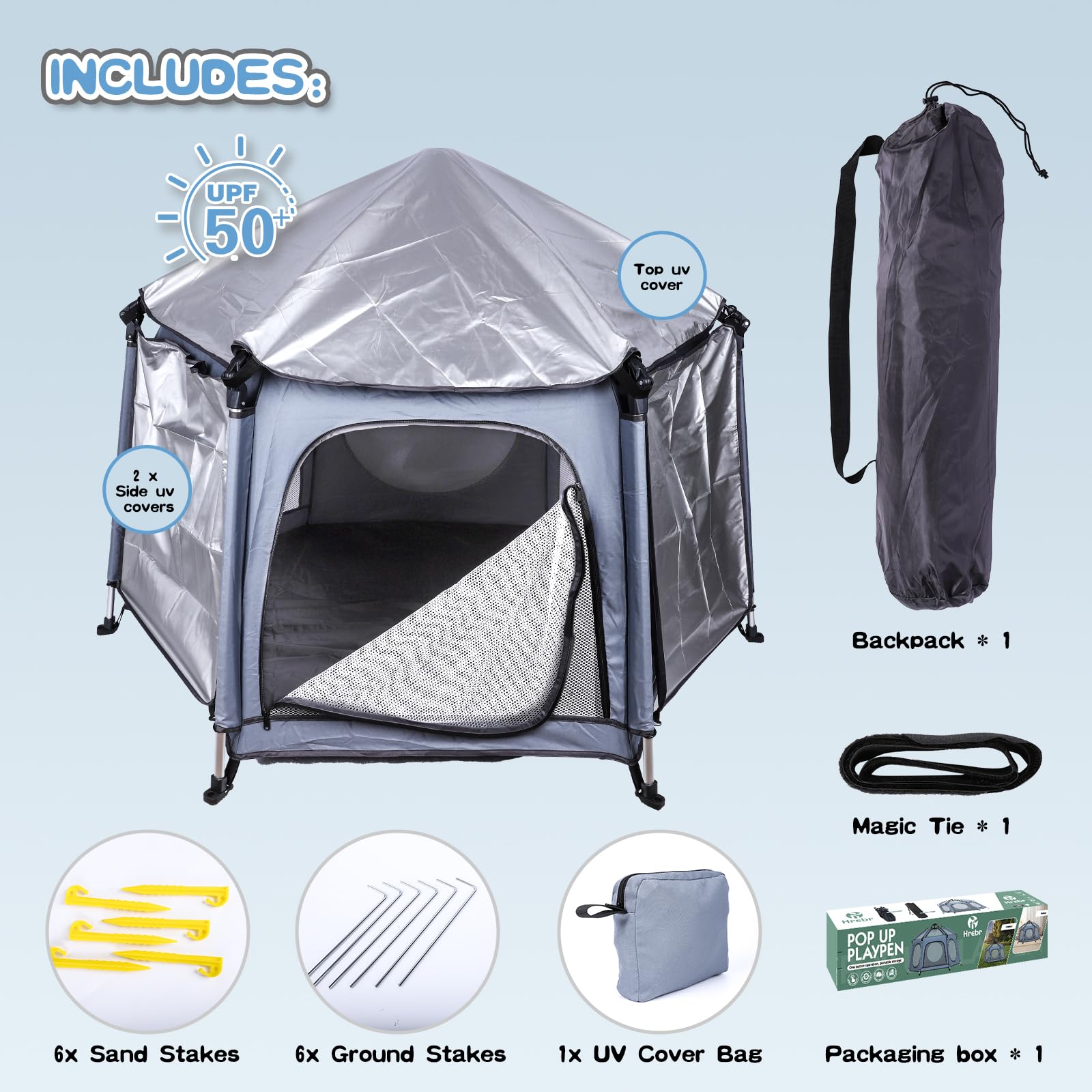 Portable Baby Playpen with UPF50+ Canopy and Bug Net