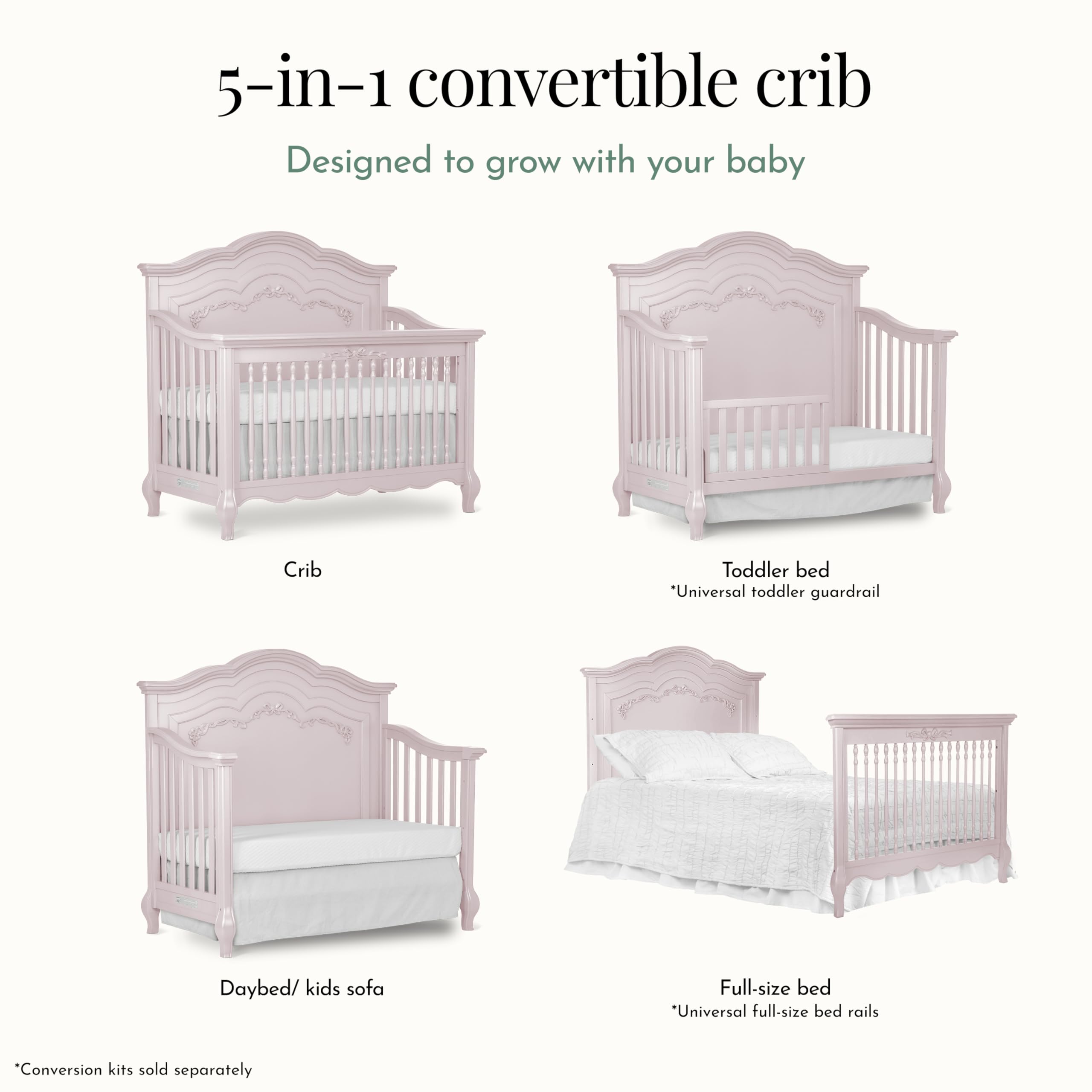 Aurora 5-in-1 Convertible Crib with Ribbon Bow Scrollwork