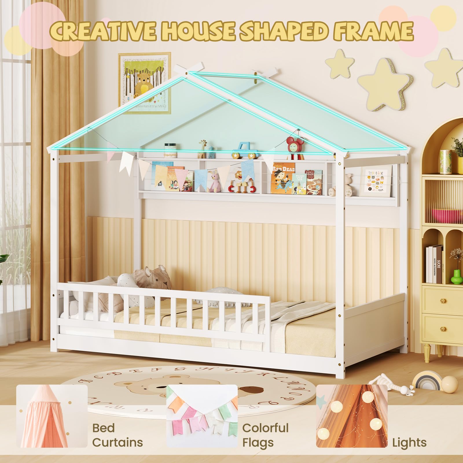 Twin Floor House Bed with Storage Shelf and Safety Guardrails