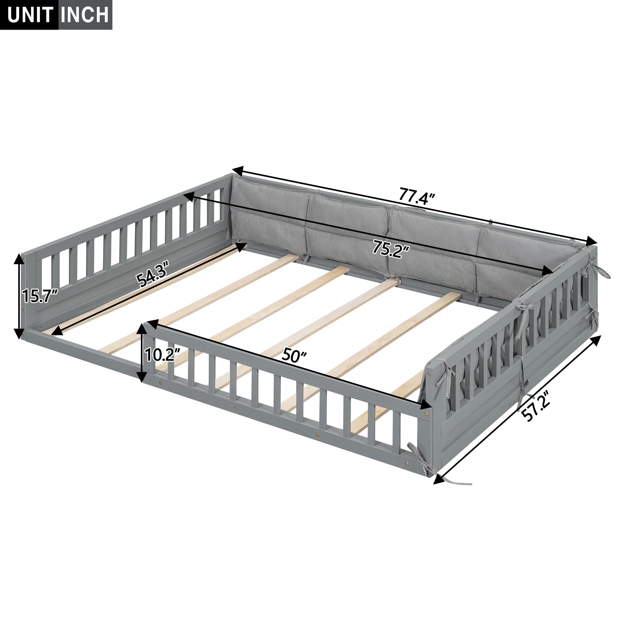 Full Size Floor Bed with Safety Guardrails and Pillows for Kids