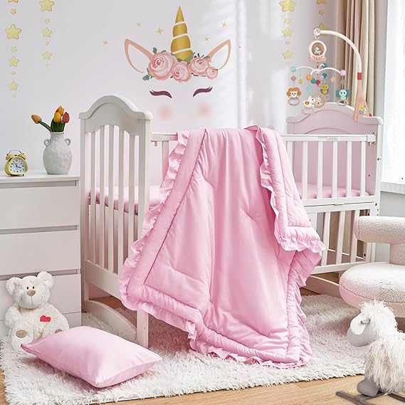 3 Pieces Crib Bedding Set Baby Ruffle Quilted Comforter with Fitted Sheet and Pillowcase