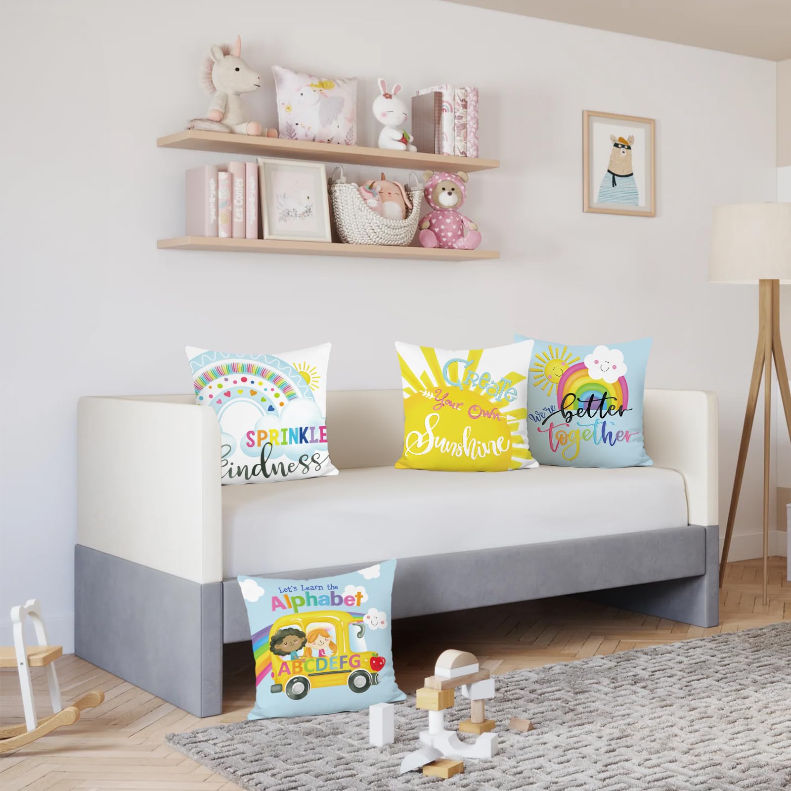 Kids Throw Pillow Covers 18 x 18 Inch Rainbow Sun Inspirational
