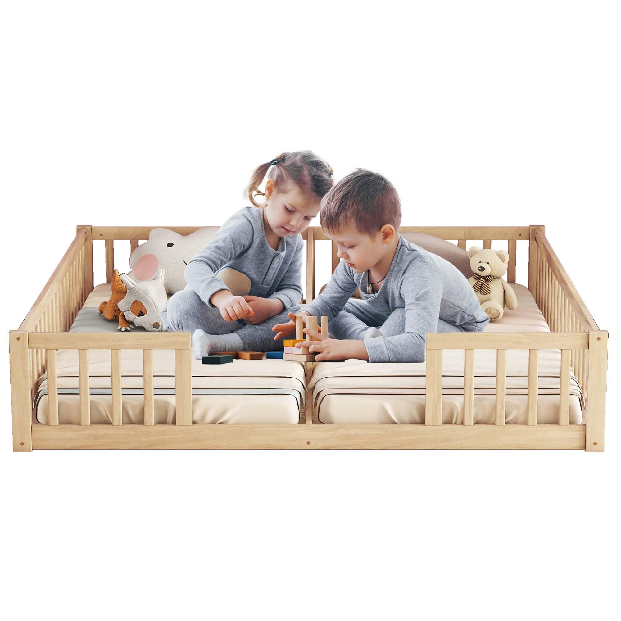 Floor Bed for 2 Kids, Montessori Bed Frame with Fence Railings