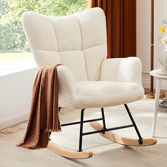 Rocking Chair Nursery, Teddy Upholstered Glider Rocker with High Backrest