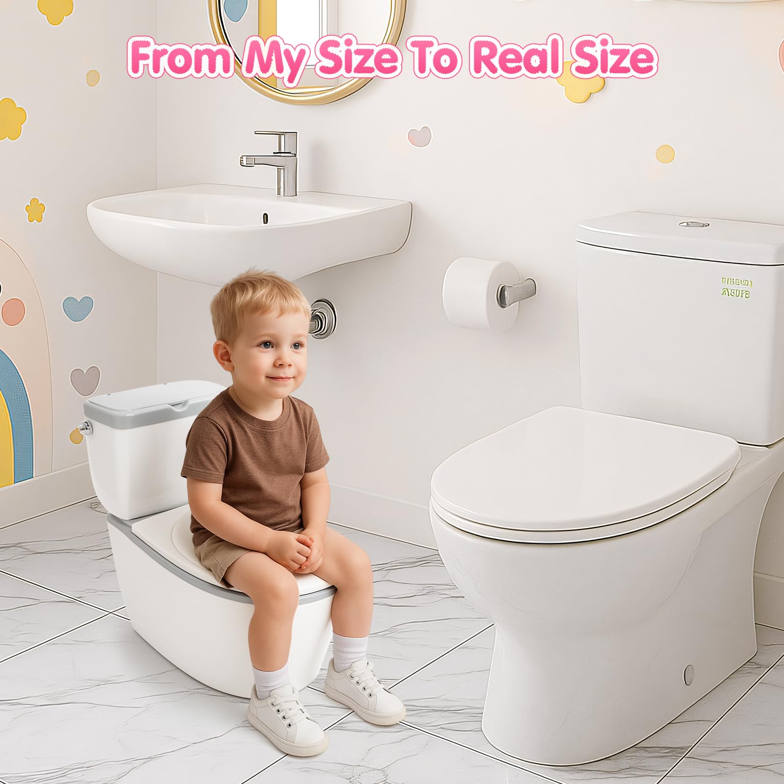 TOSGN 3-in-1 Toddler Potty Training Toilet, for Ages 6 Months+, Realistic Potty Training Seat with Flushing Sound, Wipes Storage, Toilet Paper Holder