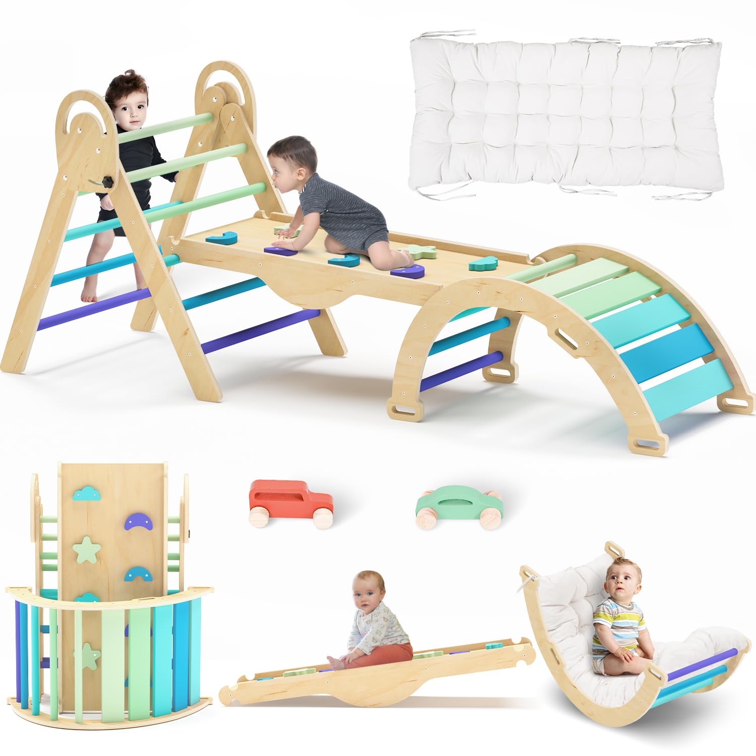 Pikler Triangle Set with Cushion, Montessori Climbing Set, Indoor Climb Toys