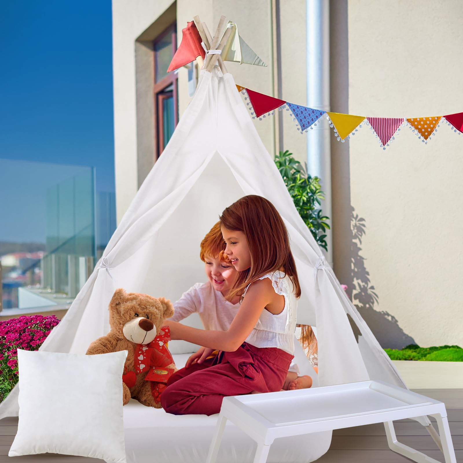 6 Sets Kids Teepee Tent with Inflatable Airbed, Bed