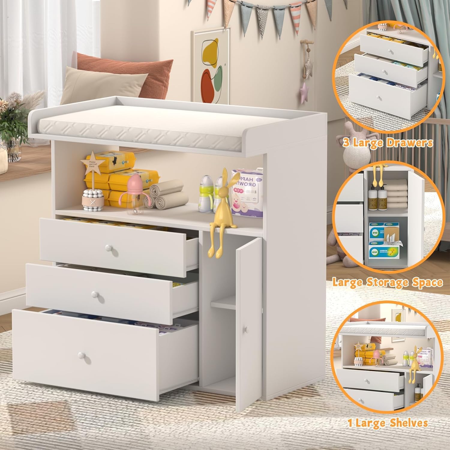 Baby Changing Table Dresser with 3 Drawers and Open Storage